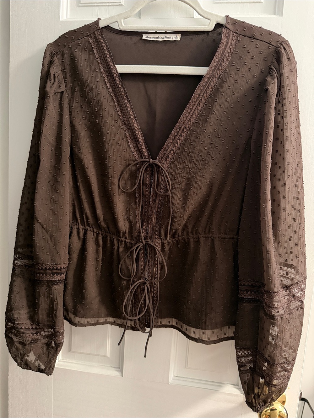 Abercrombie & Fitch Dark Brown Swiss Dot tie front long sleeve top